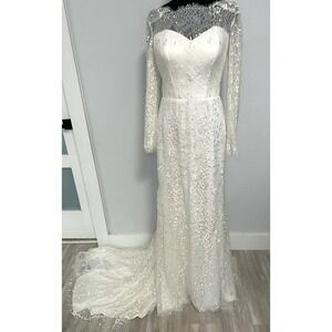 Elegant Long Sleeve Lace Wedding Dress With Train Ivory Bridal Gown sz 4-6 ivory